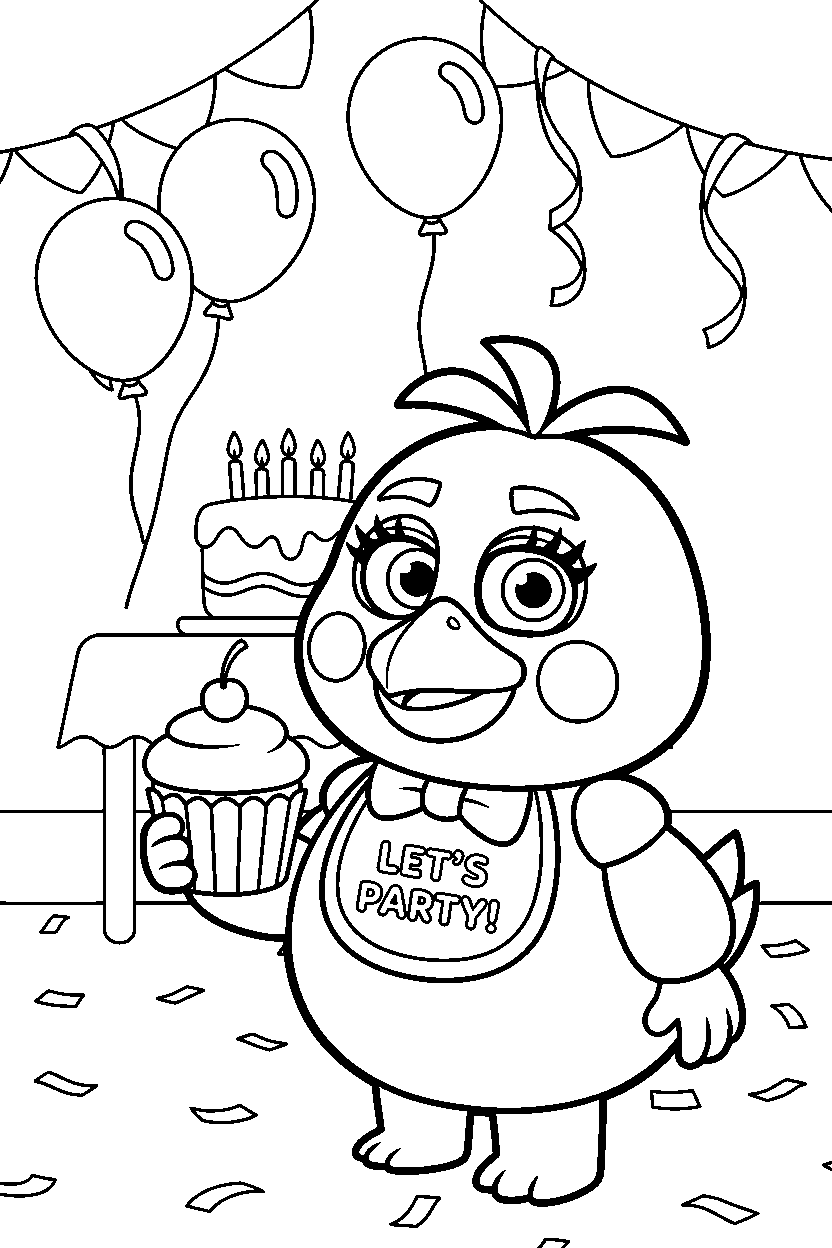 toy chica from five nights at freddy s holding a cupcake in a bright party room line art