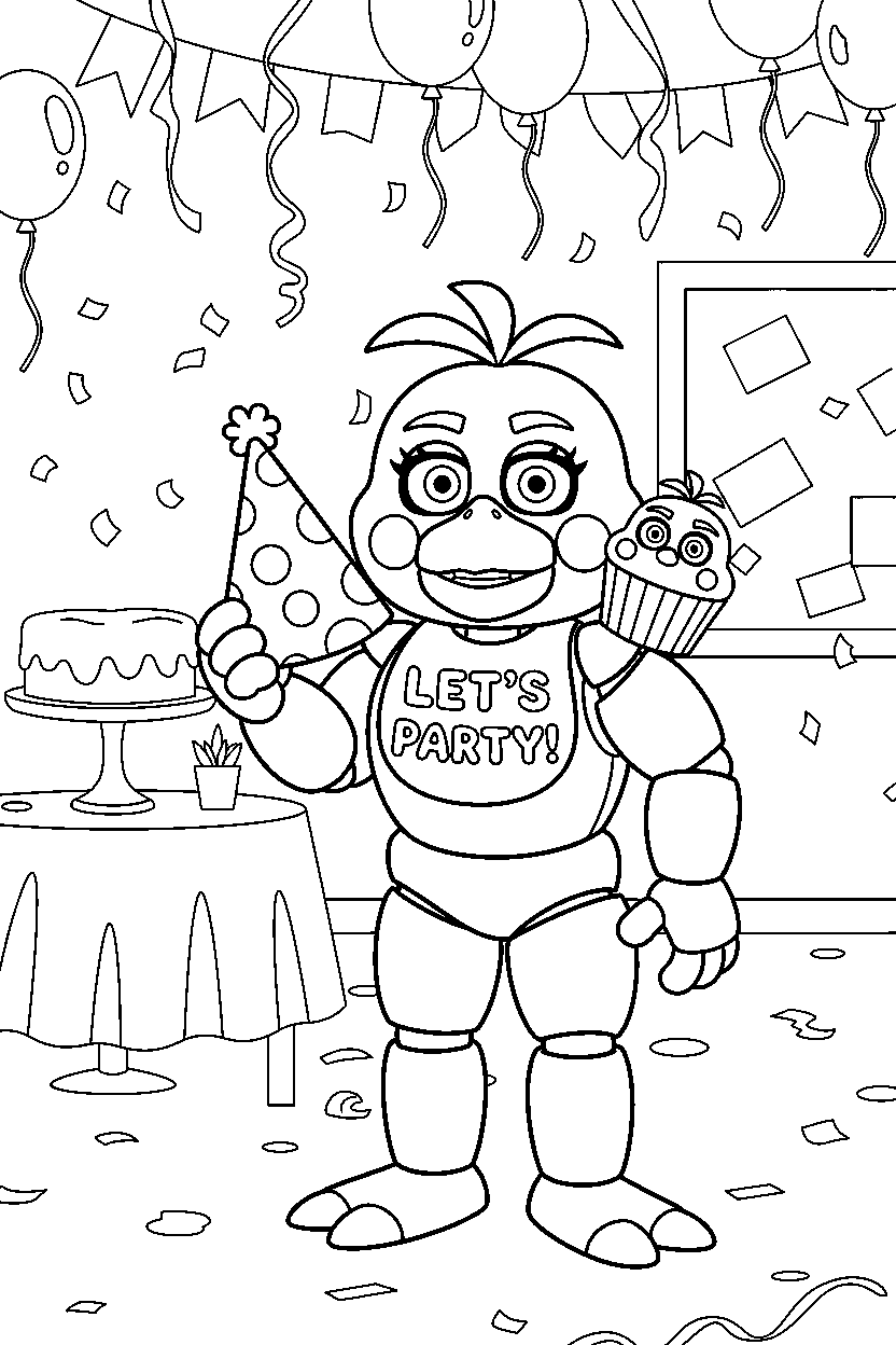 toy chica from five nights at freddy s holding a party hat in a colorful party hall line art