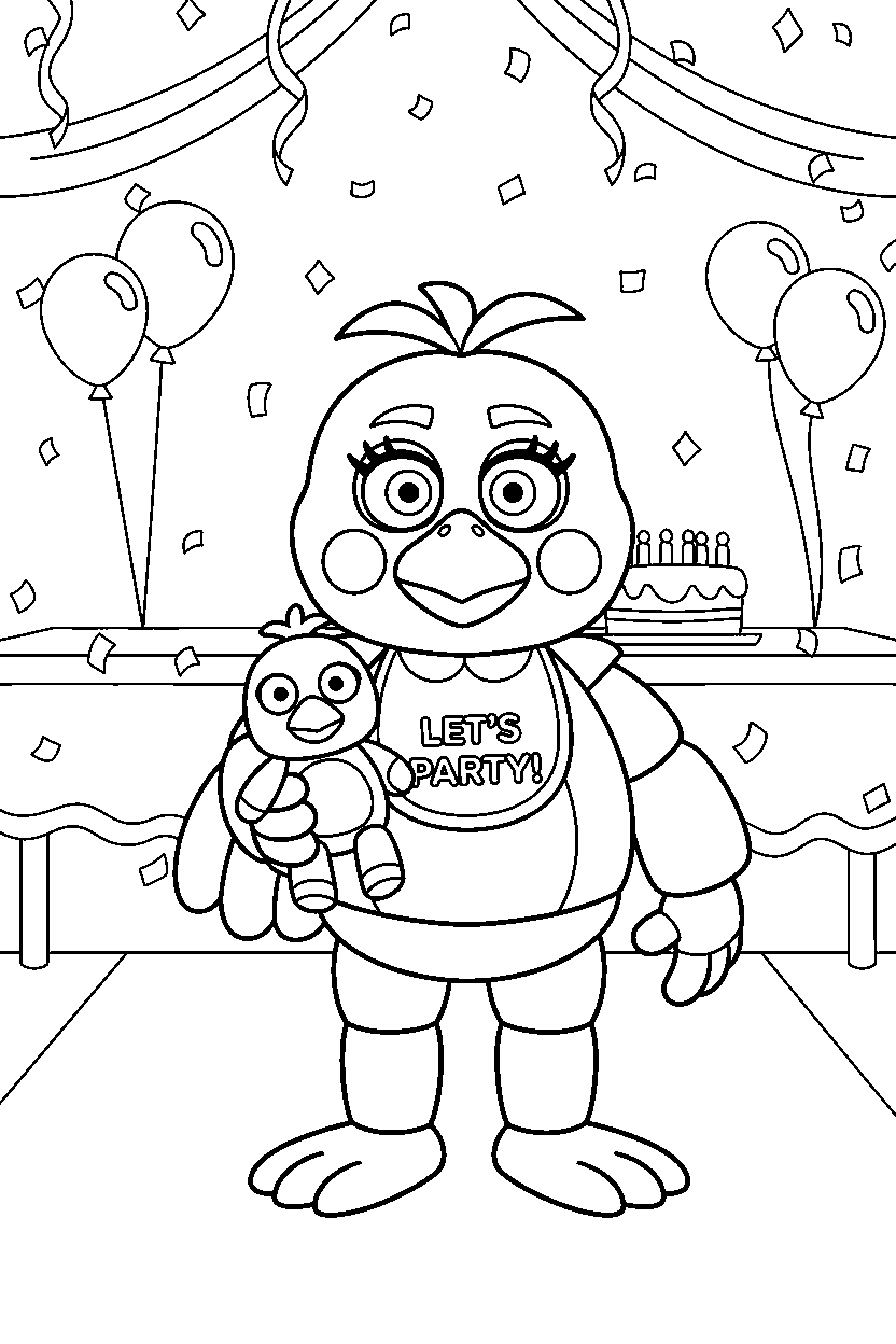 toy chica from five nights at freddy s holding a plush toy in a colorful party hall line art