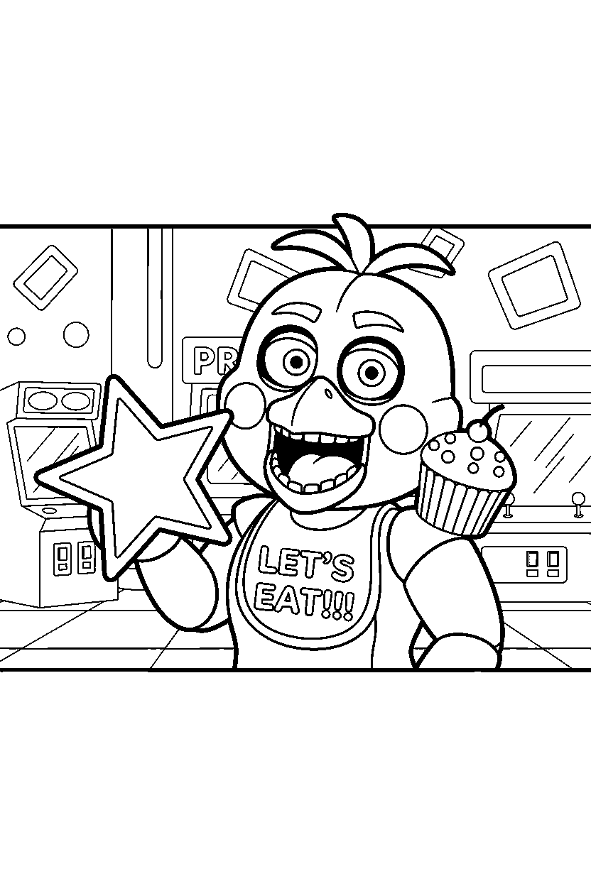 toy chica from five nights at freddy s holding a star in a bright game arcade line art
