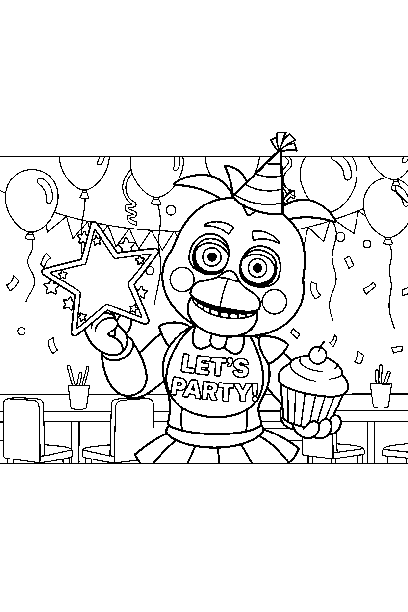 toy chica from five nights at freddy s holding a star in a colorful party hall line art