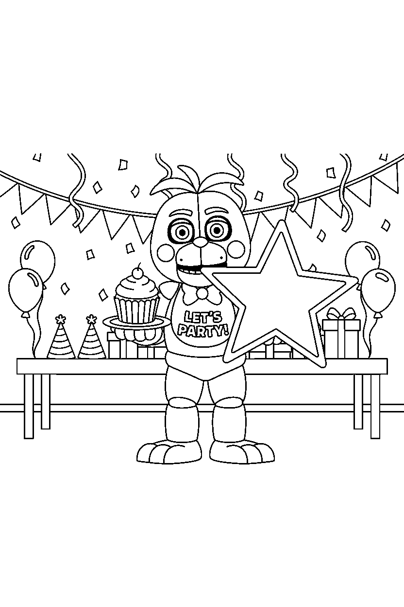 toy chica from five nights at freddy s holding a star inside a cartoon party hall line art