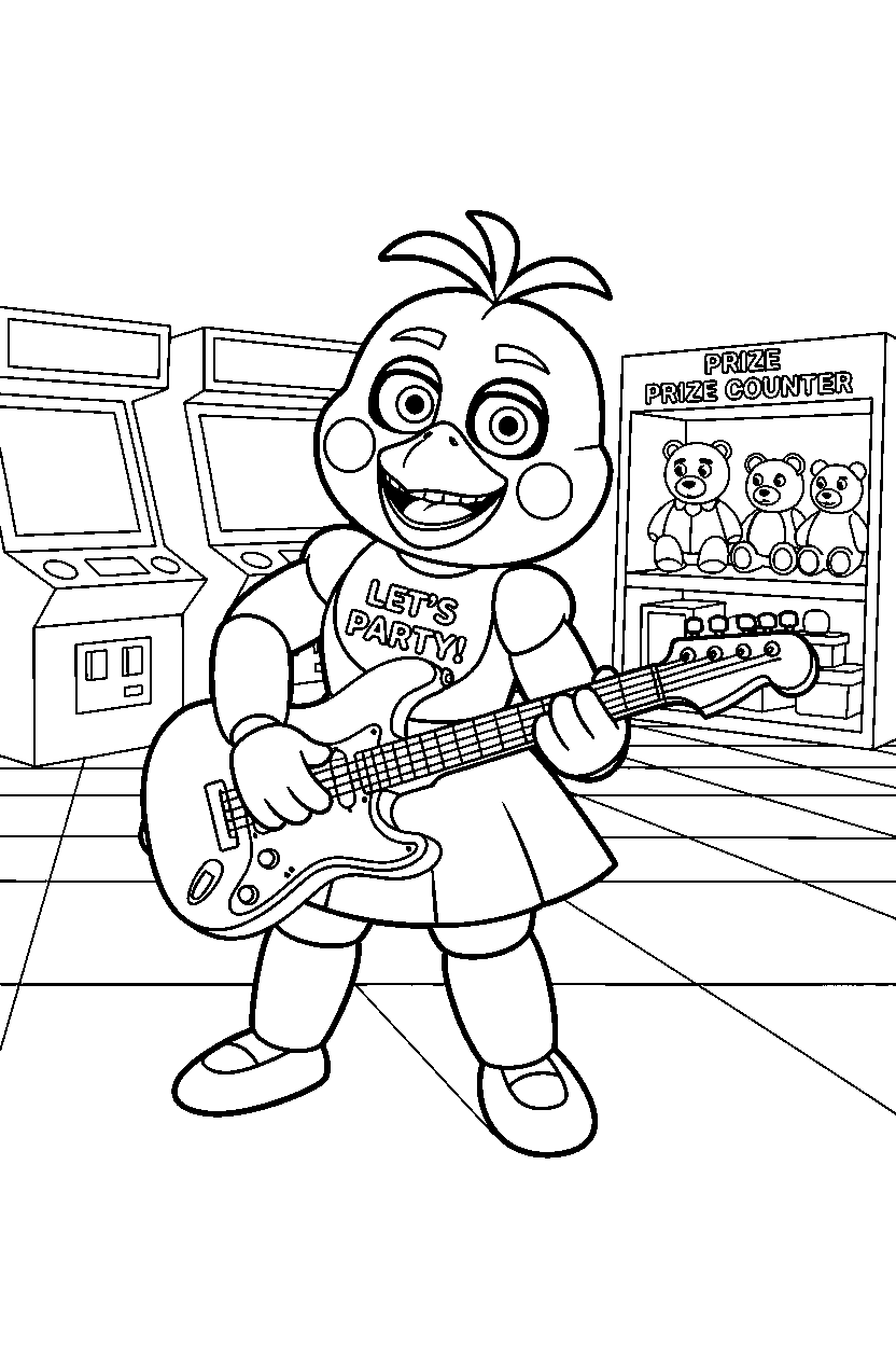toy chica from five nights at freddy s playing guitar in a bright game arcade line art