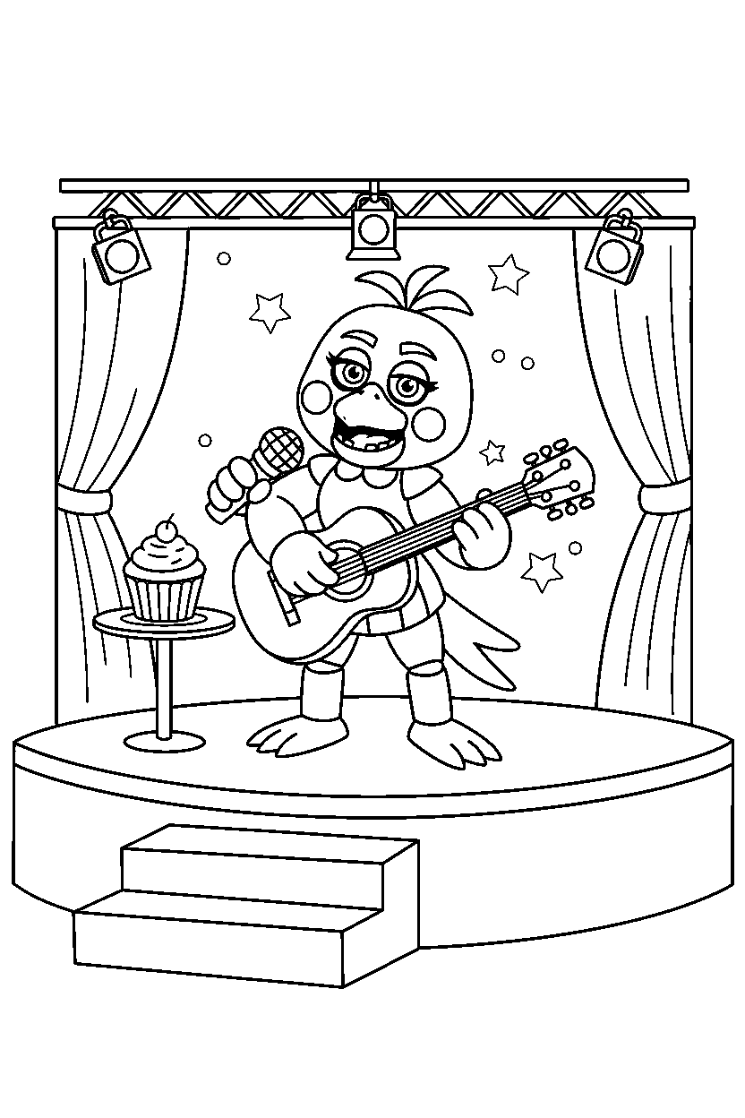 toy chica from five nights at freddy s playing music on a performance stage line art