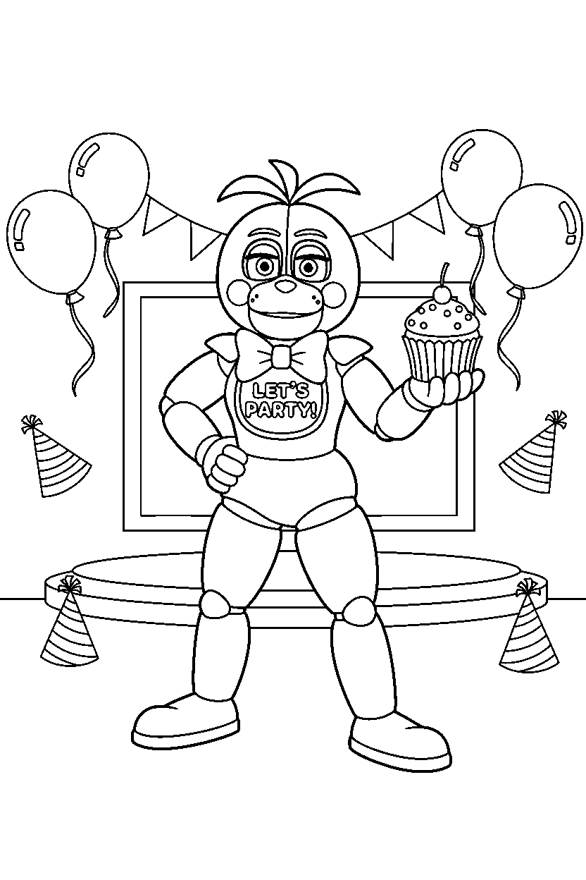 toy chica from five nights at freddy s posing heroically in a bright party room line art