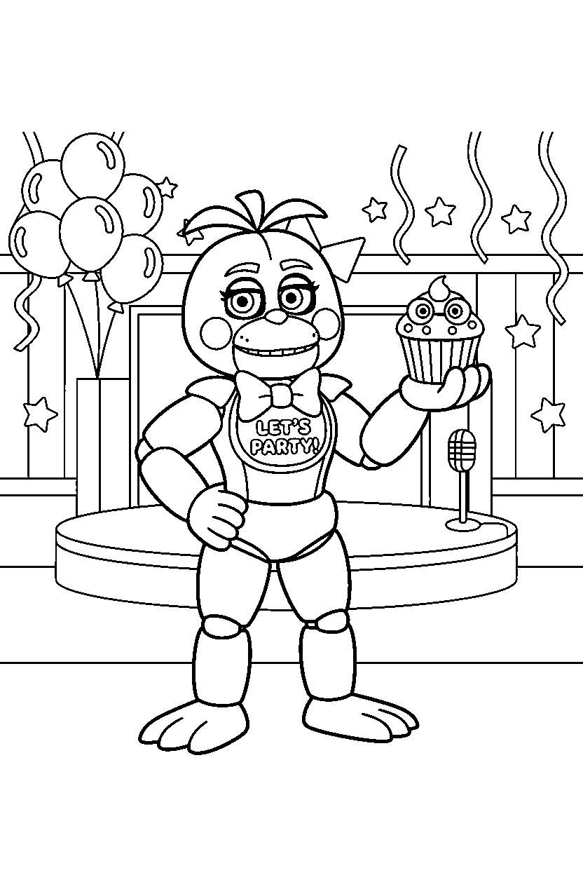 toy chica from five nights at freddy s posing heroically in a colorful entertainment hall line art