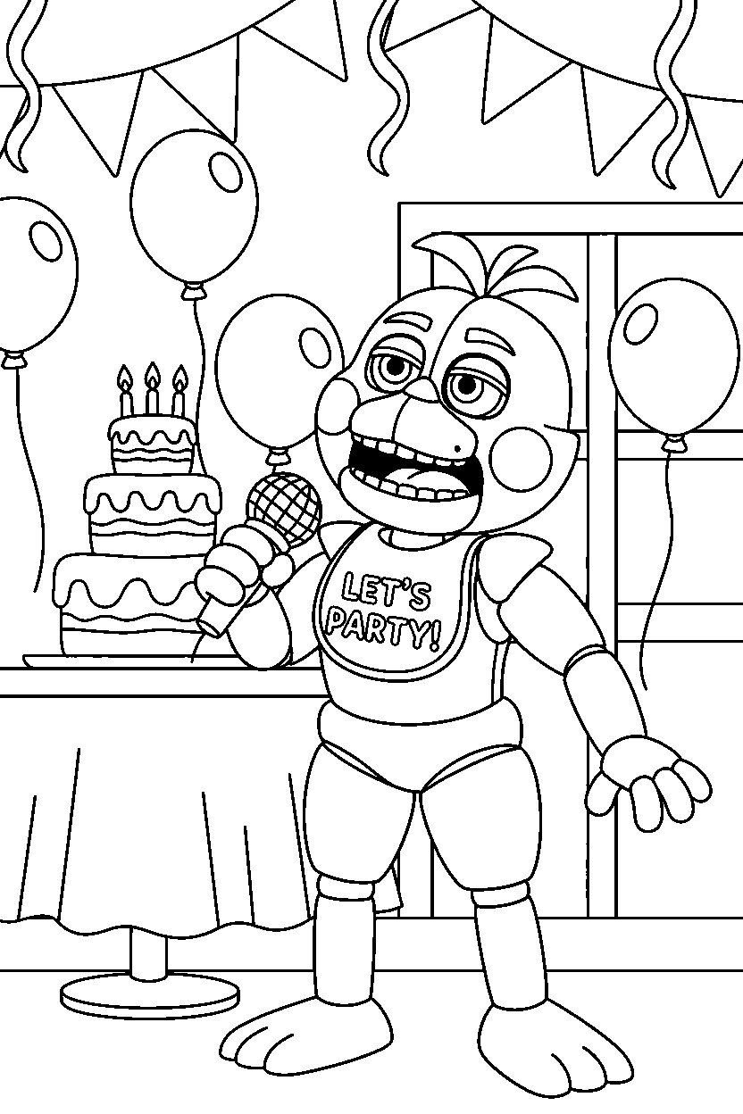 toy chica from five nights at freddy s singing in a birthday celebration room line art