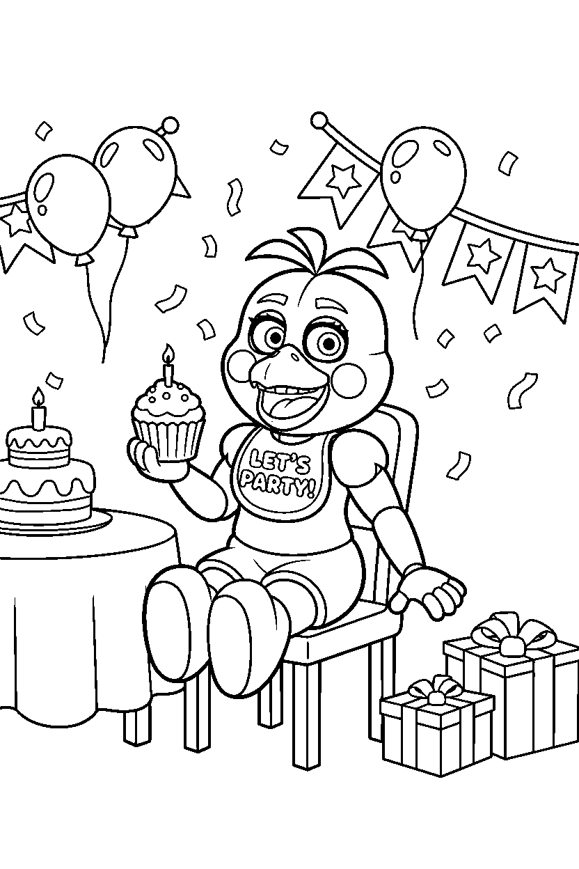 toy chica from five nights at freddy s sitting and smiling in a decorated party room line art