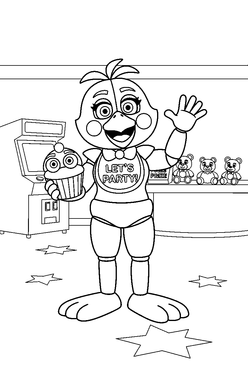 toy chica from five nights at freddy s standing and waving in a bright game arcade line art