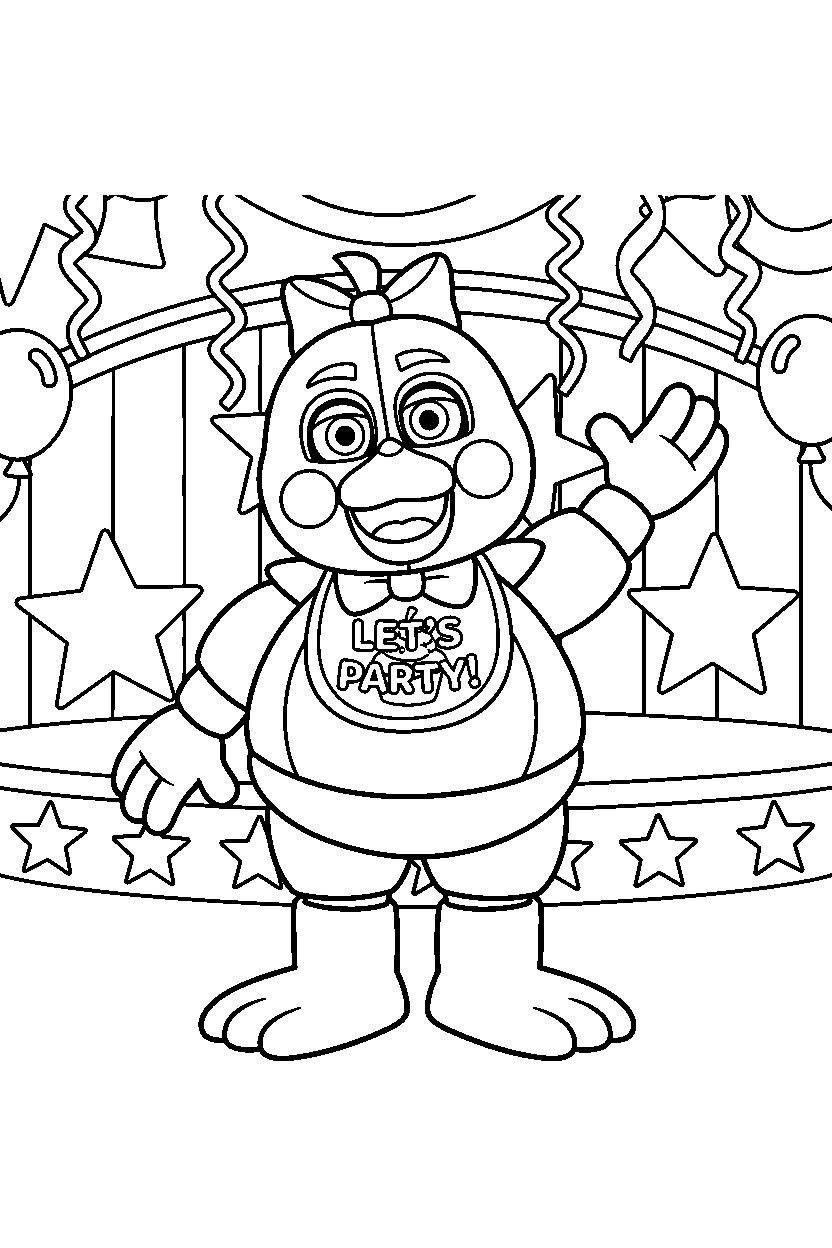 toy chica from five nights at freddy s standing and waving in a colorful entertainment hall line art