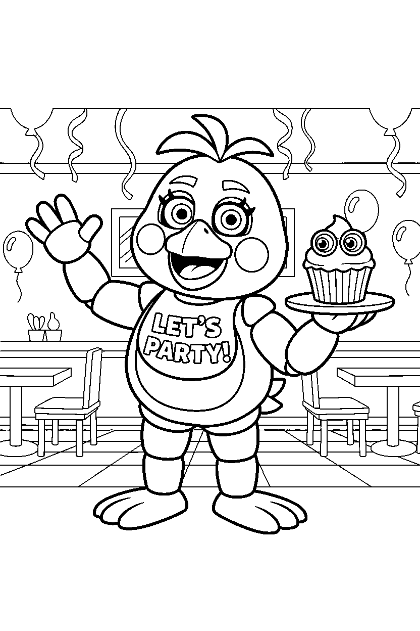 toy chica from five nights at freddy s standing and waving in a pizzeria dining area line art