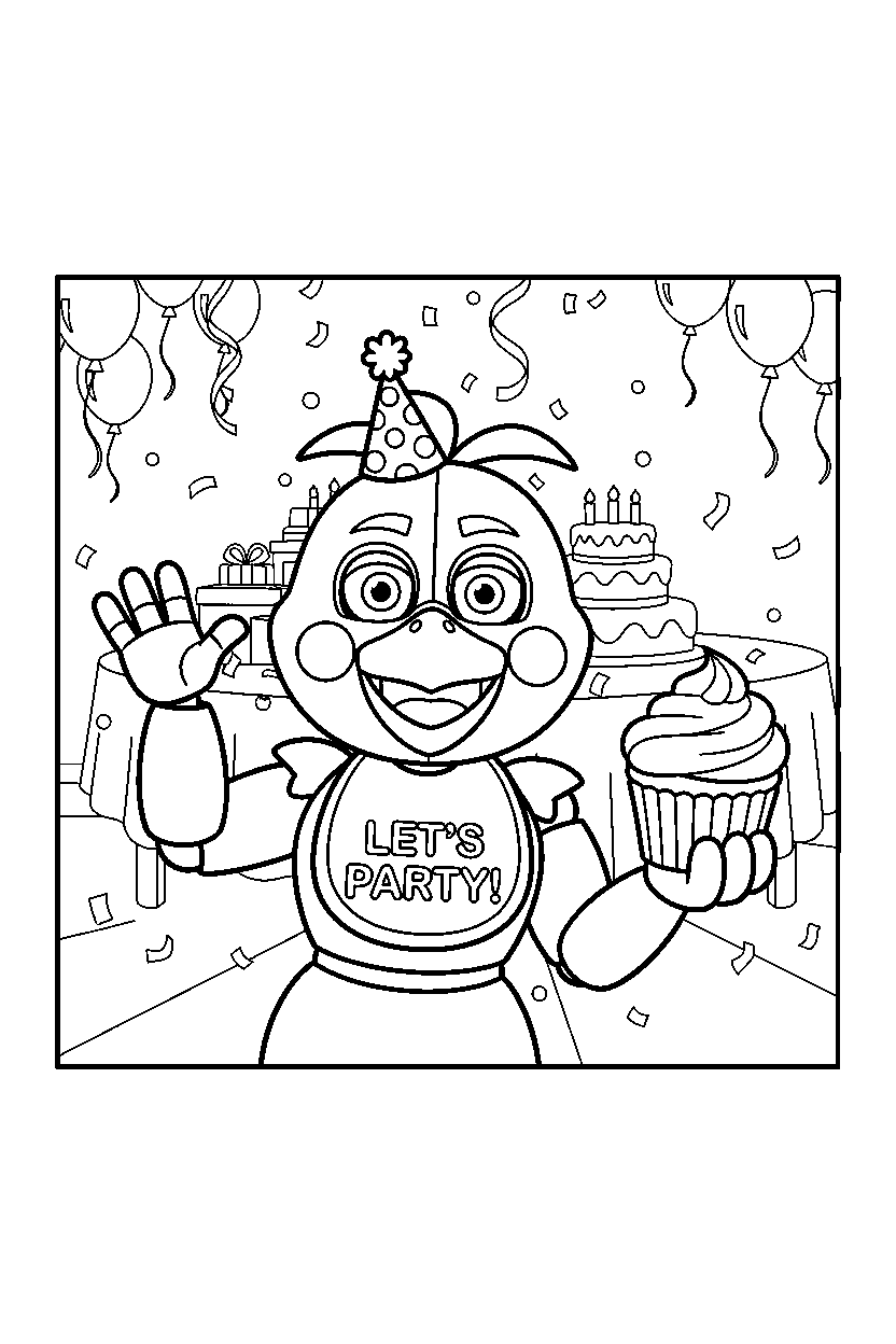 toy chica from five nights at freddy s waving happily in a colorful party hall line art