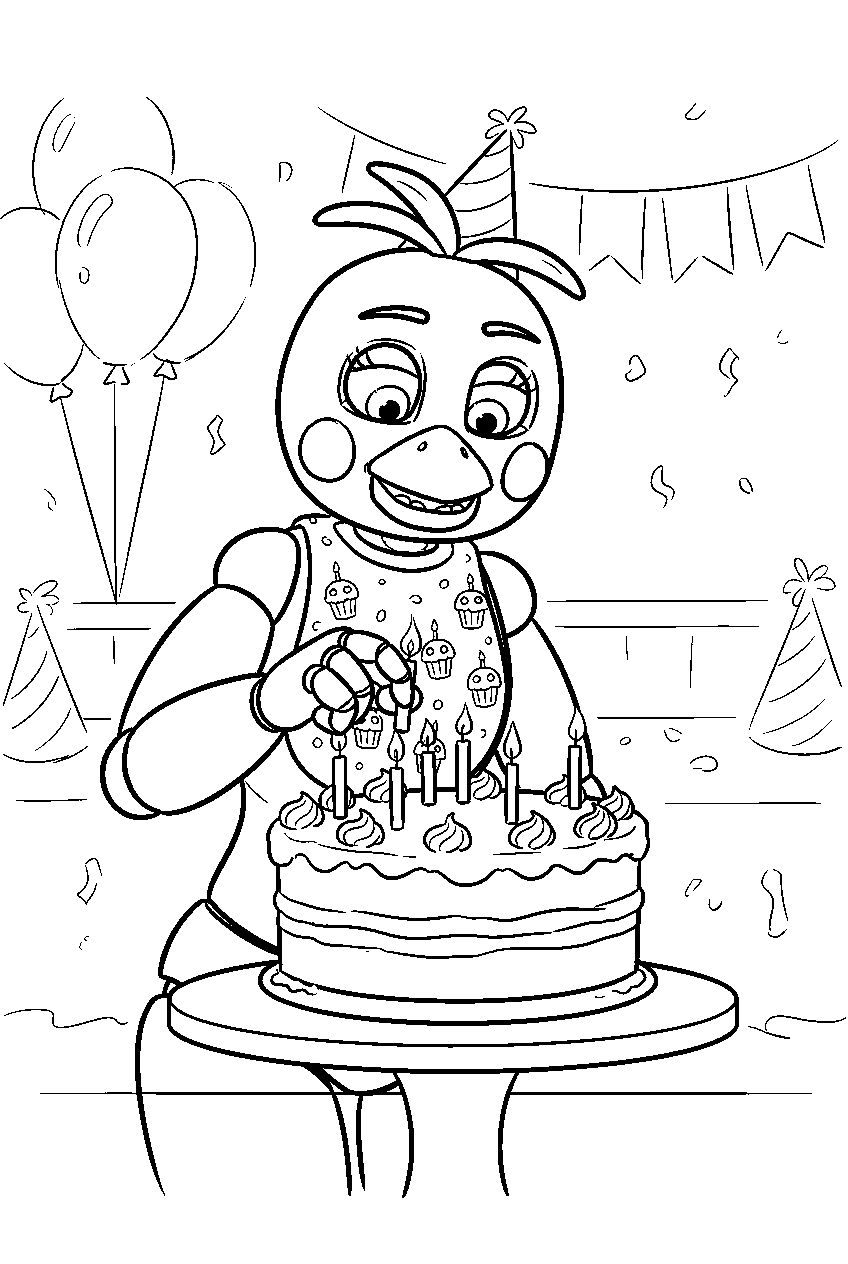 toy chica placing candles on a cake inside the birthday party room line art
