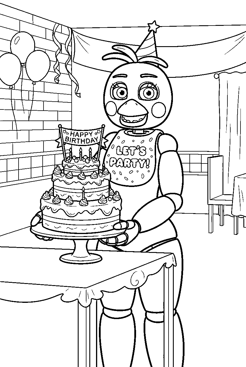 toy chica presenting a birthday cake inside the party hall line art