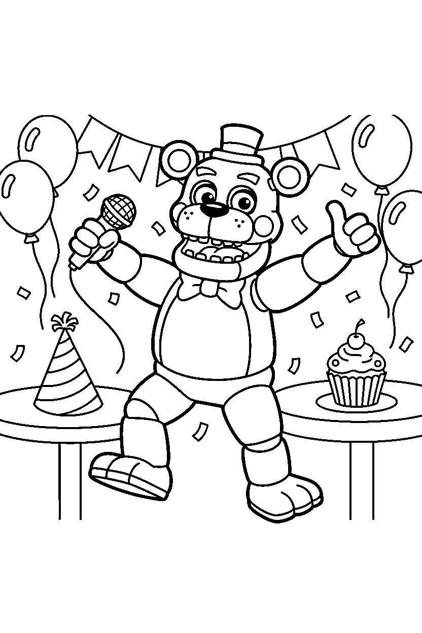 toy freddy fnaf animatronic dancing happily in a bright party room line art