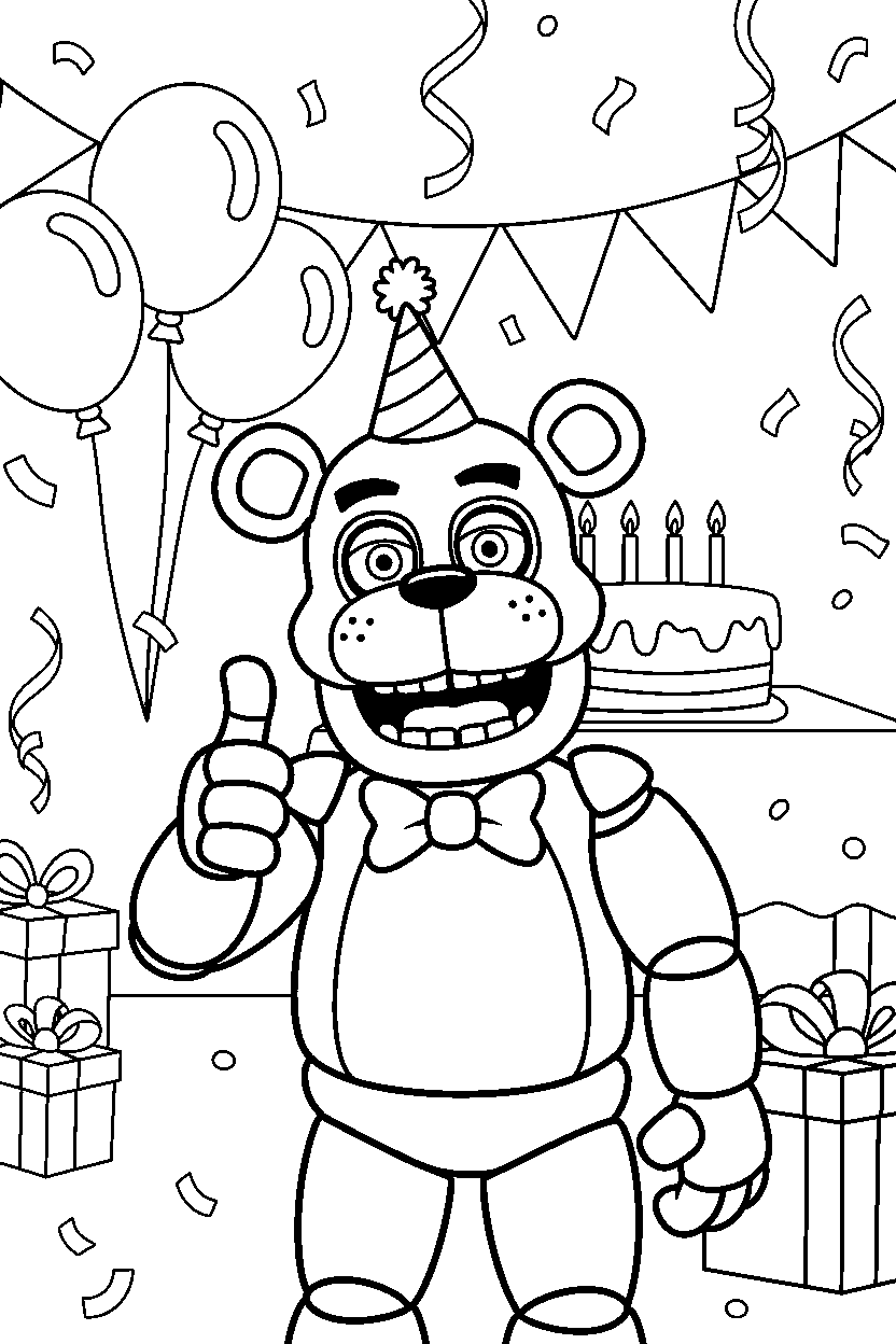 toy freddy fnaf animatronic giving a thumbs up in a birthday celebration room line art