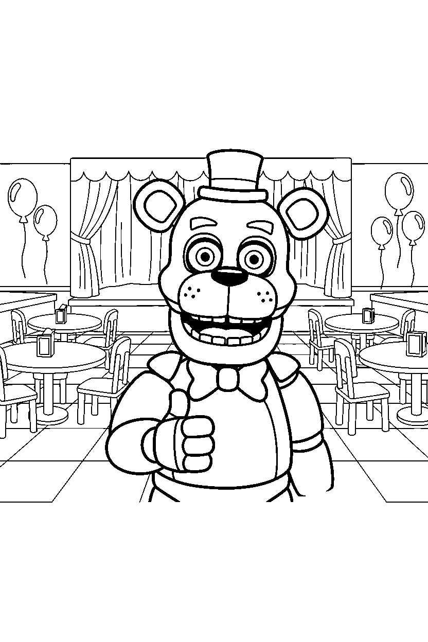 toy freddy fnaf animatronic giving a thumbs up in a pizzeria dining area line art