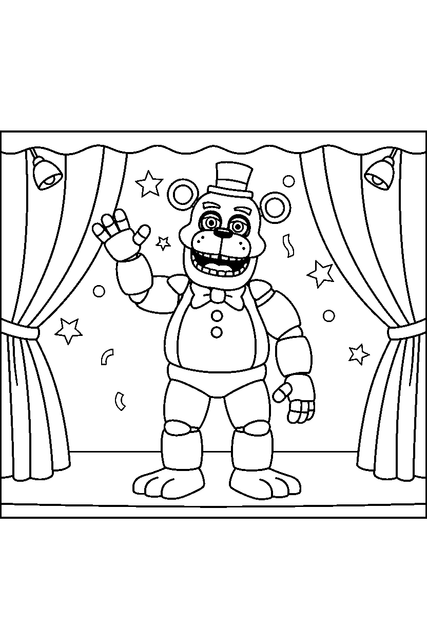 toy freddy fnaf animatronic greeting happily on a performance stage line art