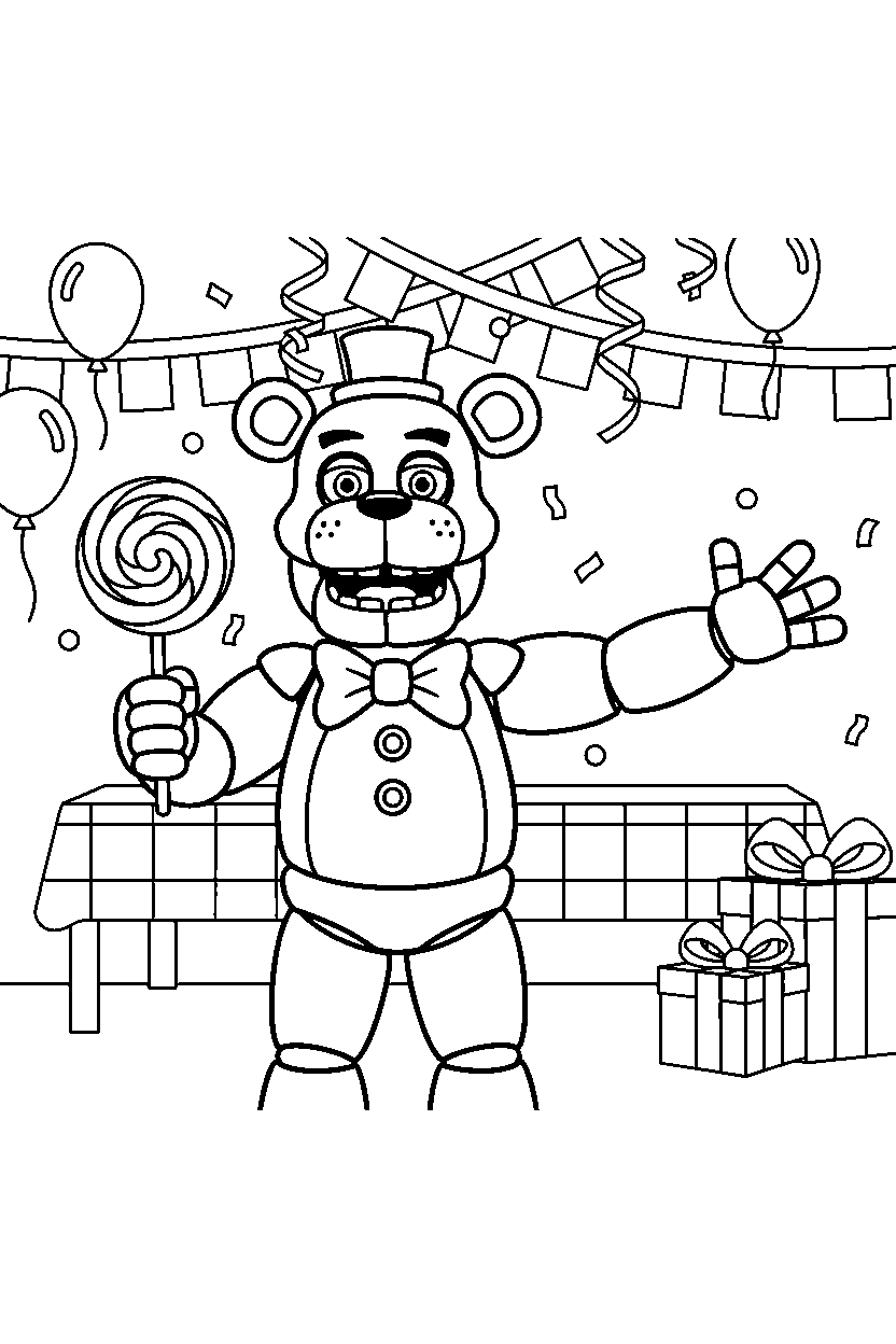toy freddy fnaf animatronic holding a candy in a festive event room line art