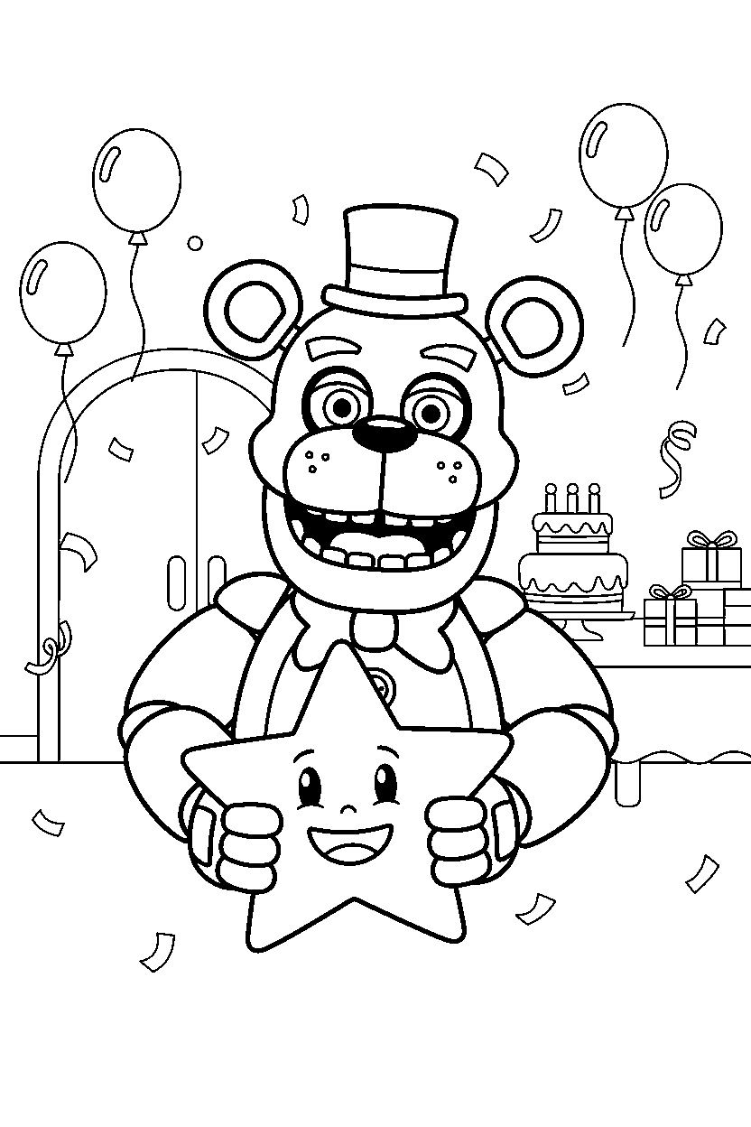 toy freddy fnaf animatronic holding a star in a bright party room line art