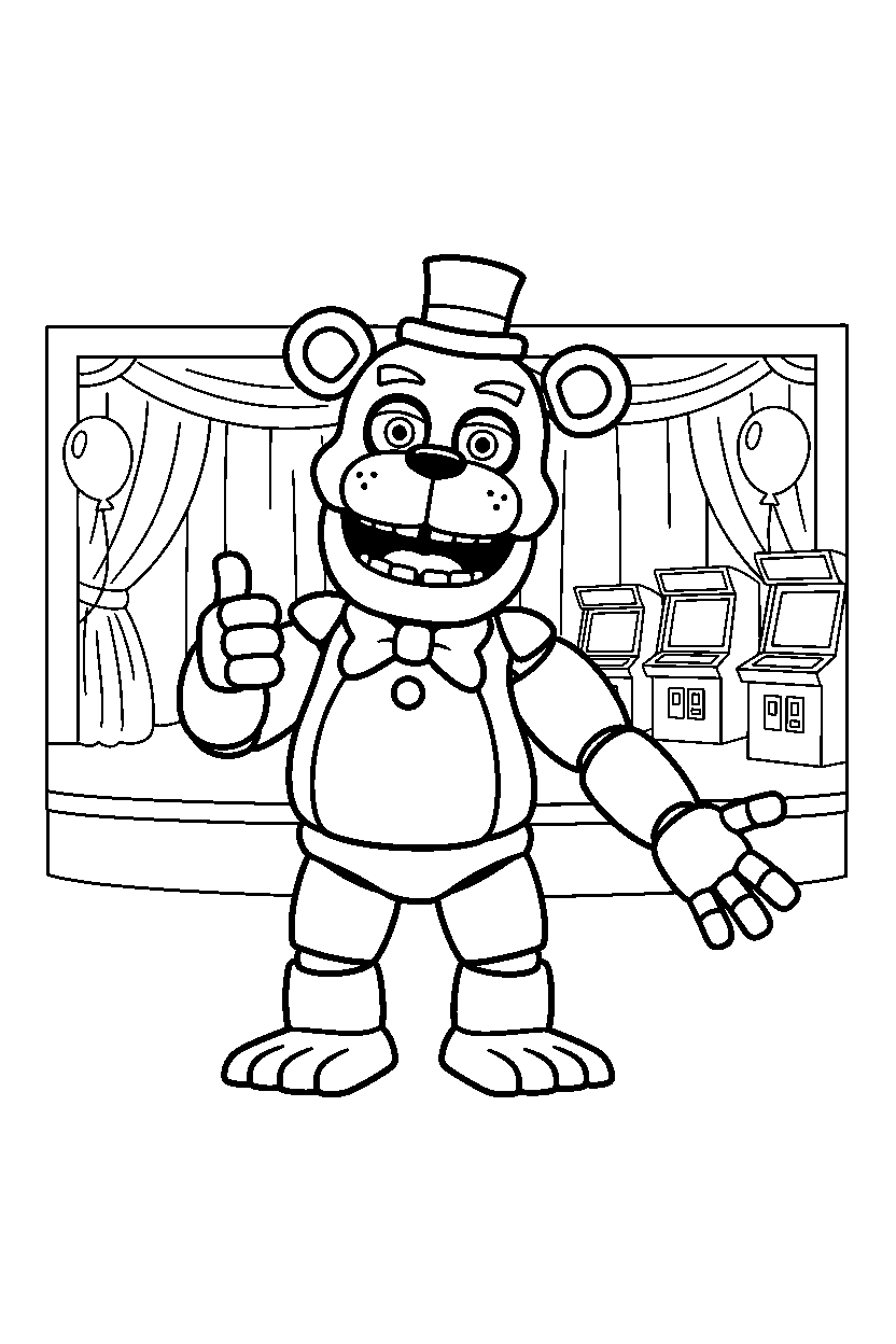 toy freddy fnaf animatronic making a friendly pose in a fun entertainment center line art
