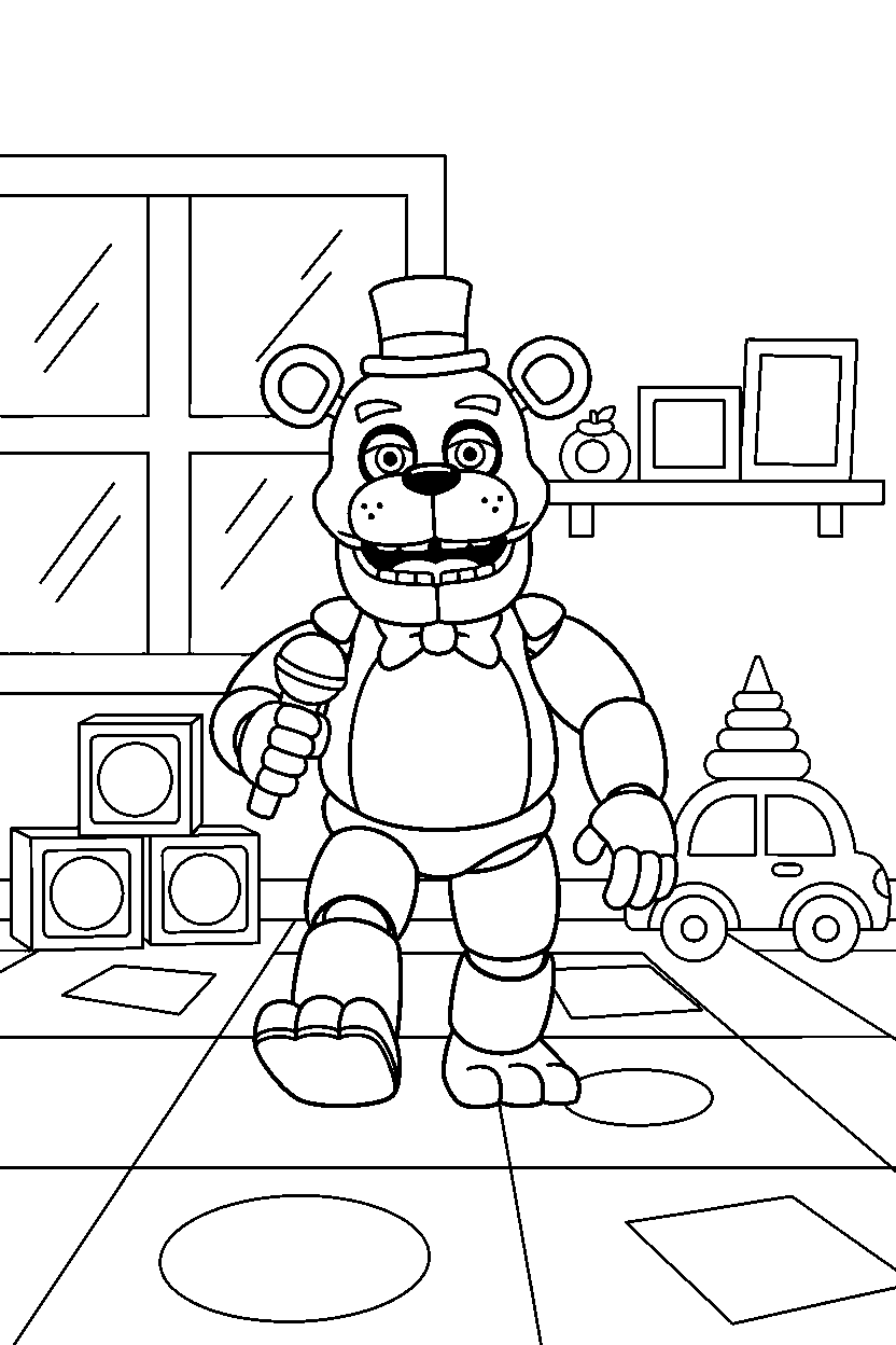 toy freddy fnaf animatronic walking forward in a decorated playroom line art