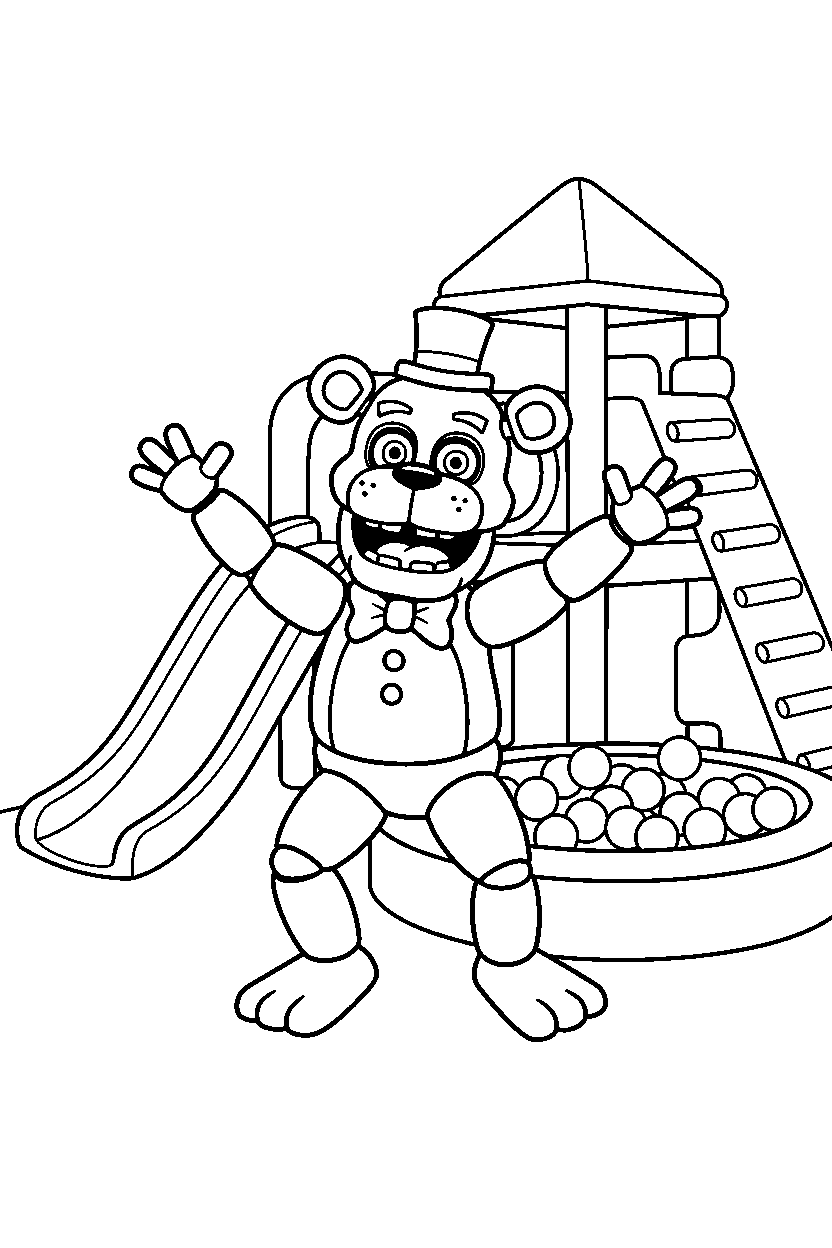 toy freddy from five nights at freddy s dancing happily inside an indoor play area line art