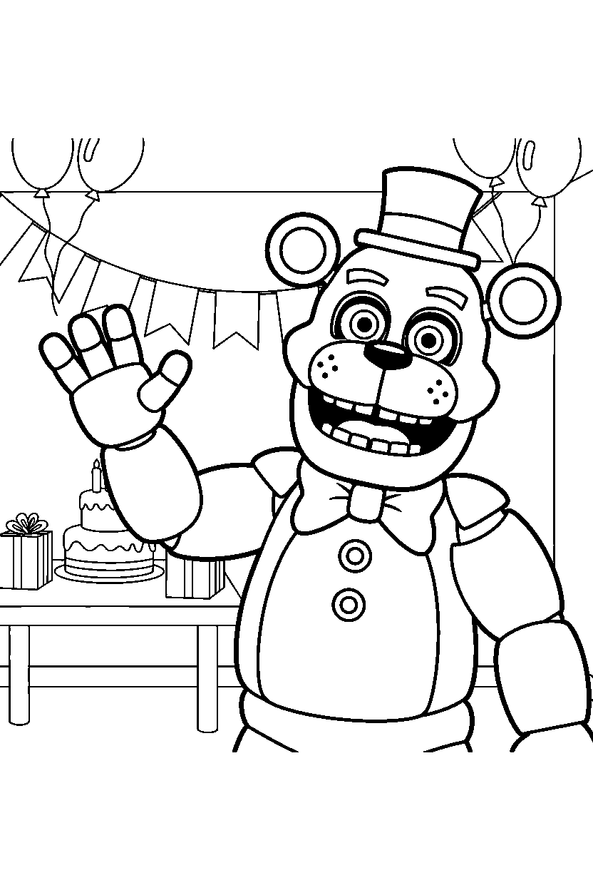 toy freddy from five nights at freddy s greeting happily in a decorated party room line art