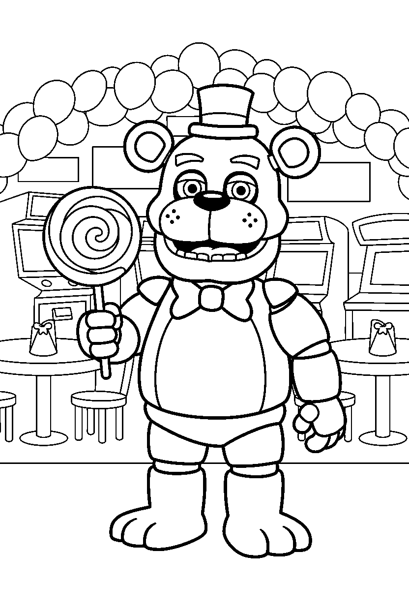 toy freddy from five nights at freddy s holding a candy in a colorful entertainment hall line art