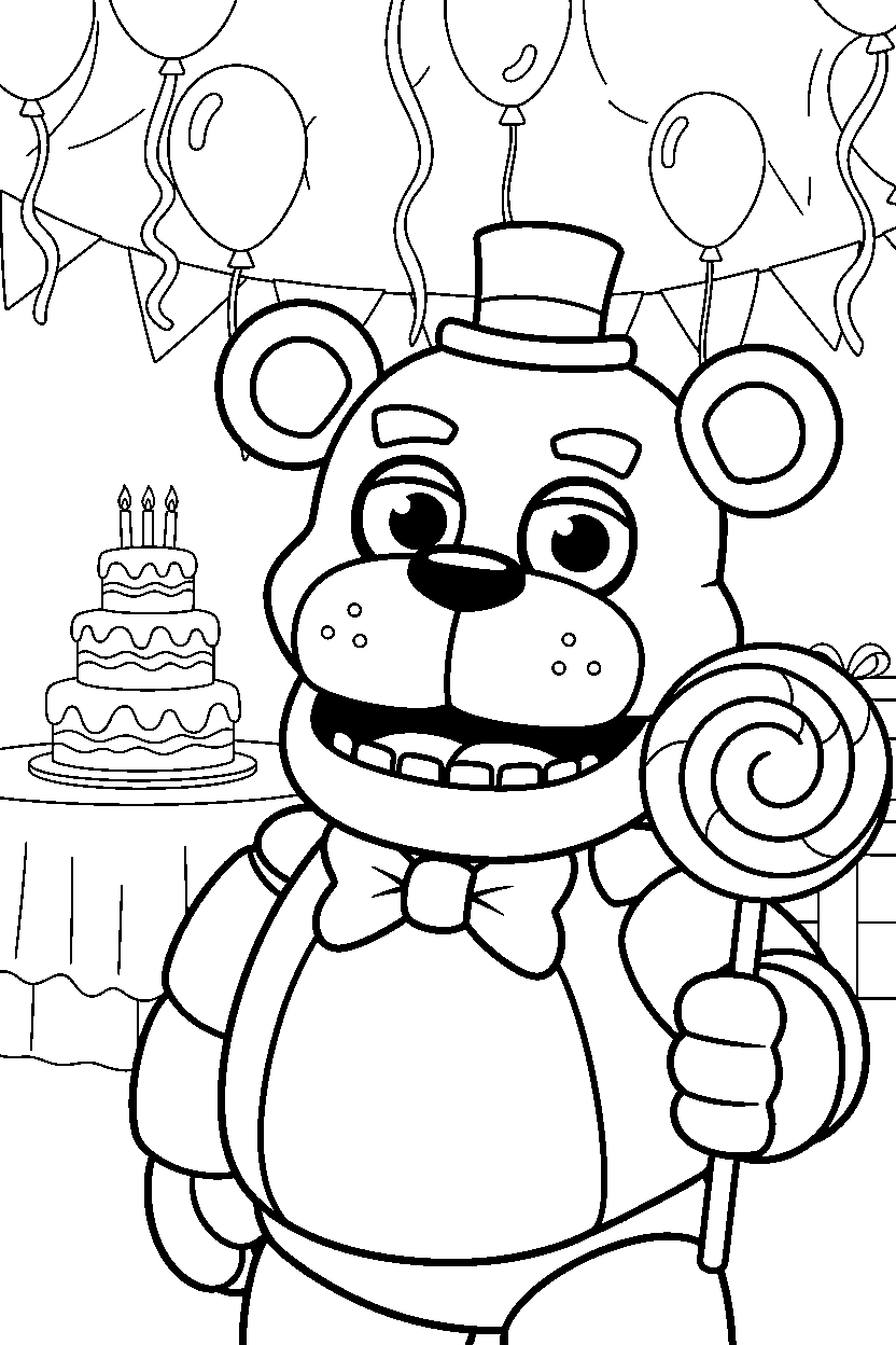 toy freddy from five nights at freddy s holding a candy in a colorful party hall line art