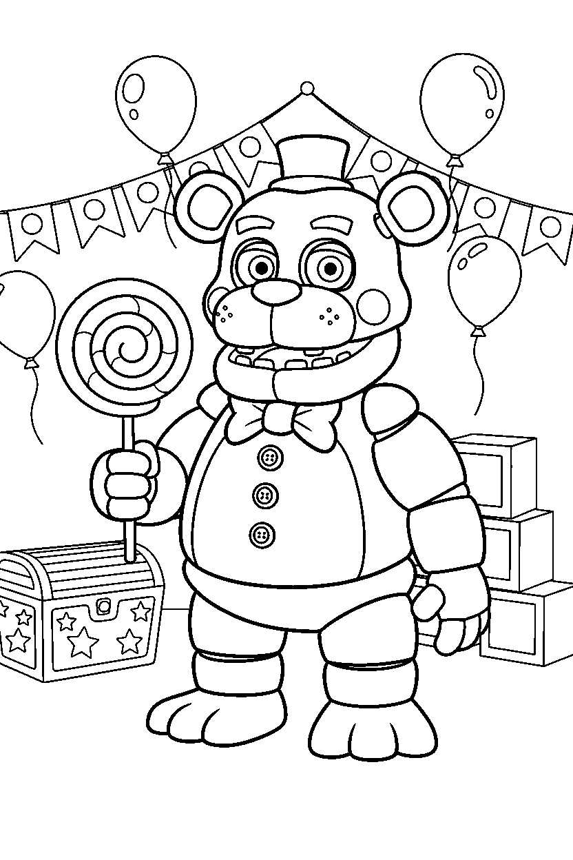 toy freddy from five nights at freddy s holding a candy in a decorated playroom line art