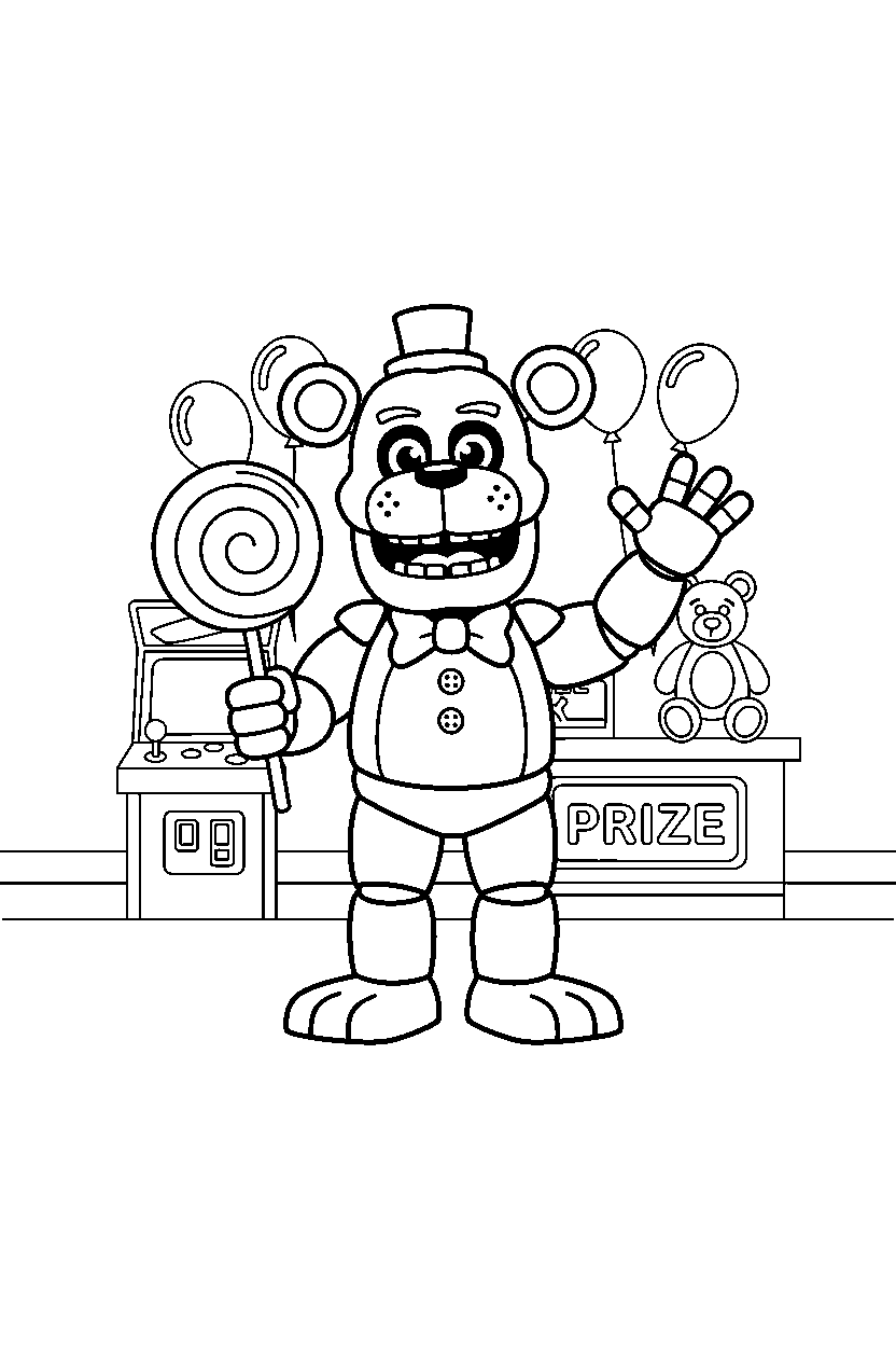toy freddy from five nights at freddy s holding a candy in a fun entertainment center line art