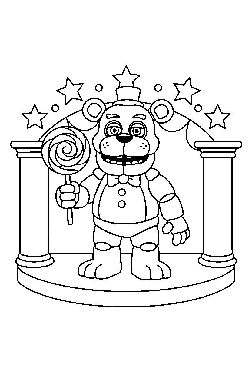 toy freddy from five nights at freddy s holding a candy in a show stage area line art