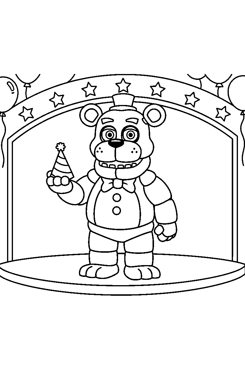toy freddy from five nights at freddy s holding a party hat in a show stage area line art