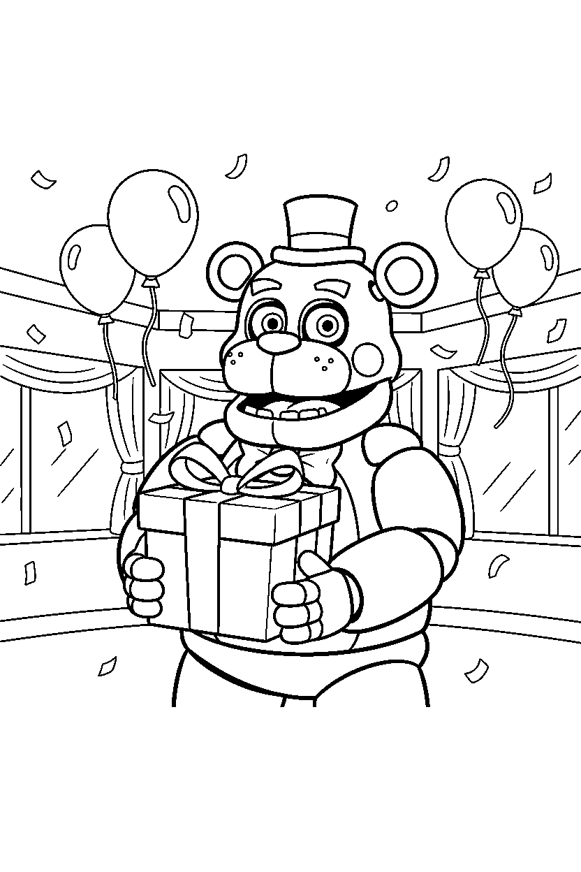 toy freddy from five nights at freddy s holding a present in a colorful party hall line art