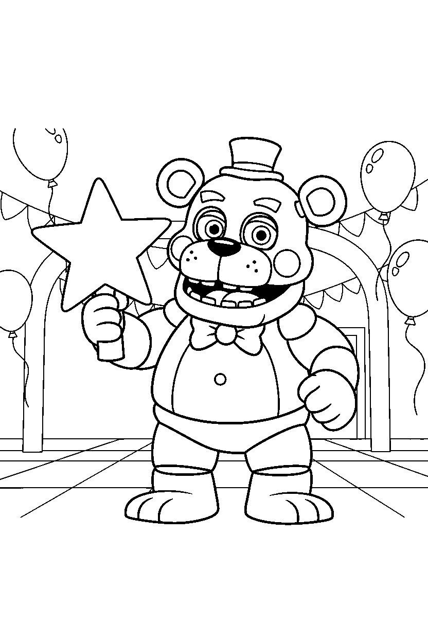 toy freddy from five nights at freddy s holding a star in a celebration hall line art