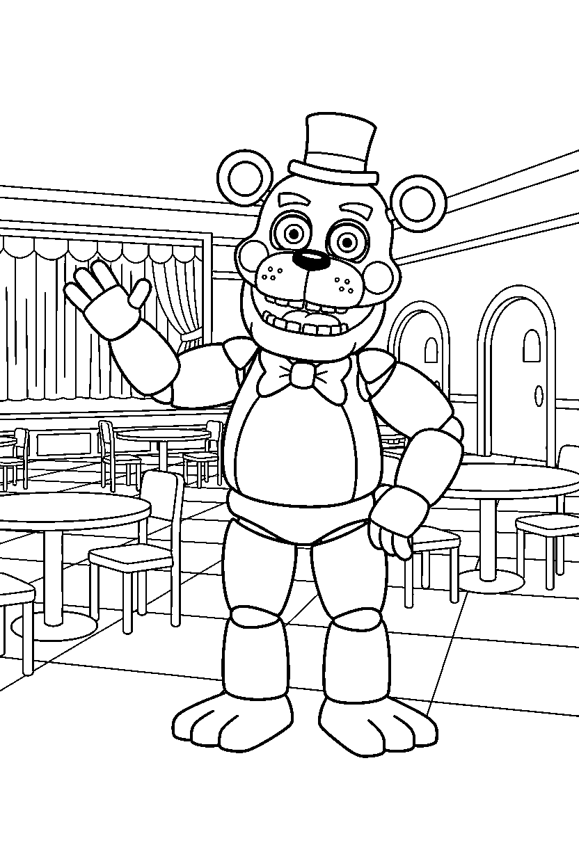 toy freddy from five nights at freddy s making a friendly pose in a pizzeria dining area line art