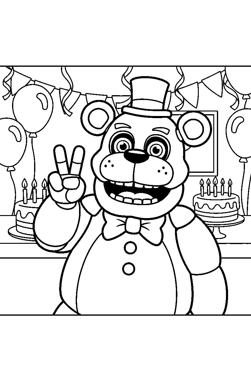 toy freddy from five nights at freddy s making a peace sign in a birthday celebration room line art