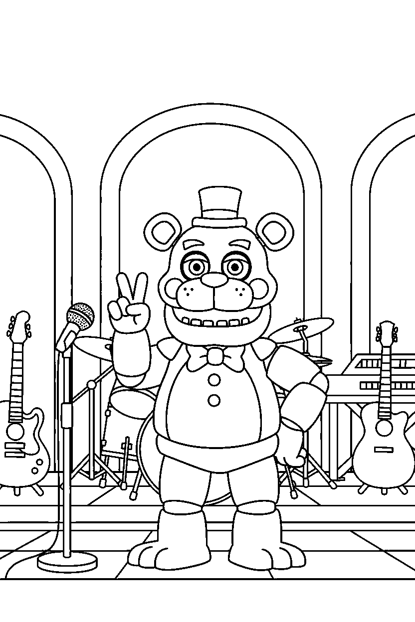 toy freddy from five nights at freddy s making a peace sign in a music stage hall line art
