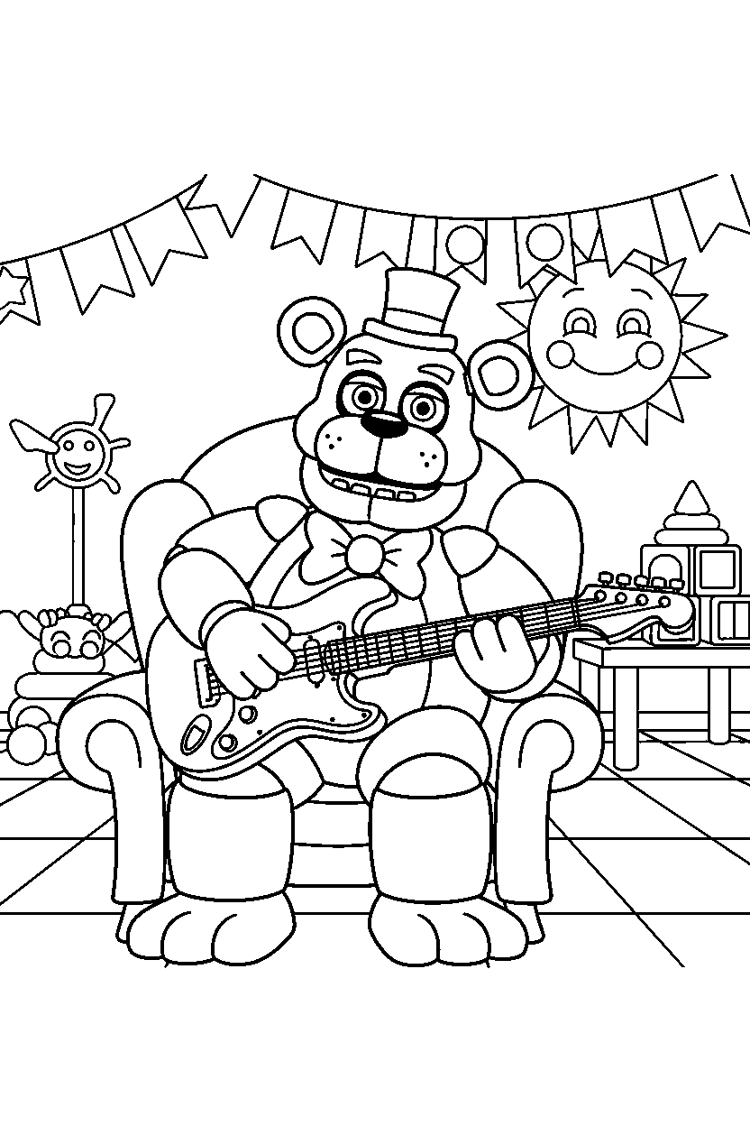 toy freddy from five nights at freddy s playing guitar in a decorated playroom line art