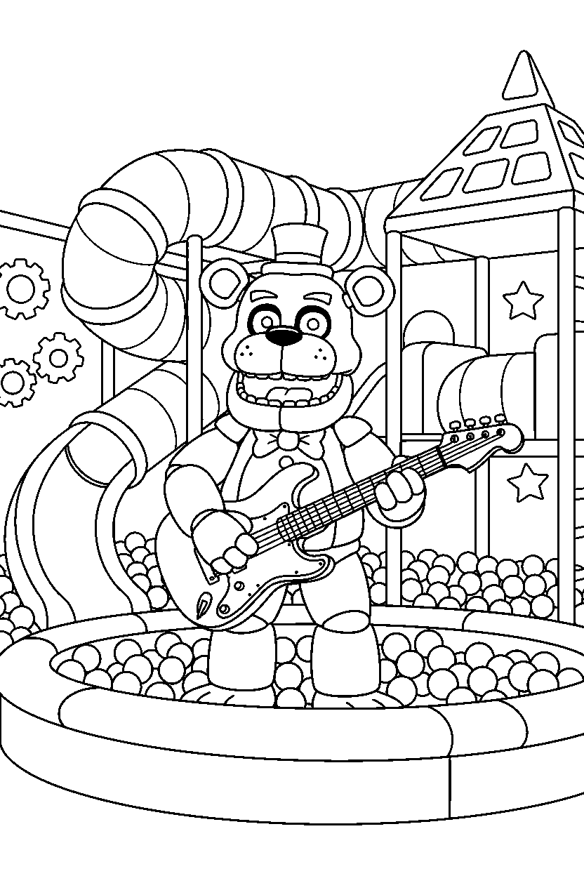 toy freddy from five nights at freddy s playing guitar inside an indoor play area line art