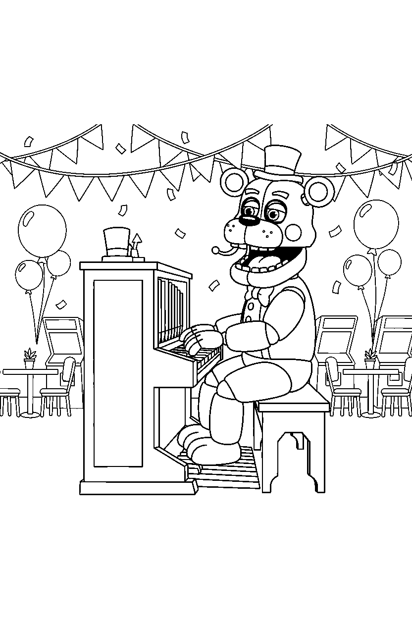 toy freddy from five nights at freddy s playing music in a colorful entertainment hall line art