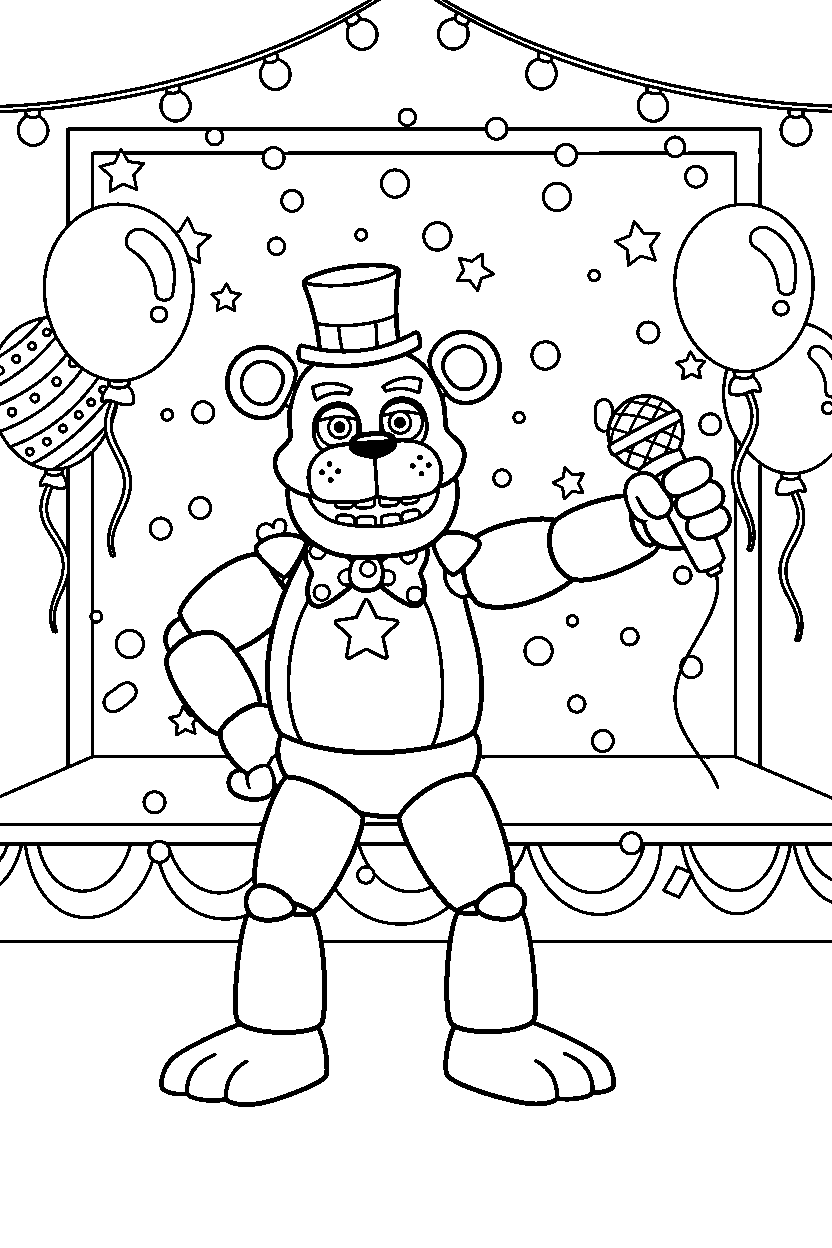 toy freddy from five nights at freddy s posing heroically in a festive event room line art
