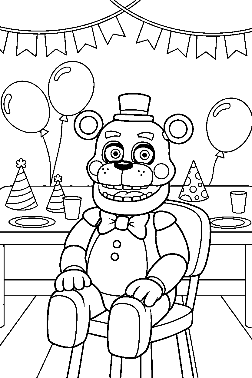 toy freddy from five nights at freddy s sitting and smiling in a bright party room line art