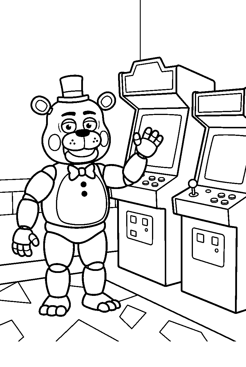 toy freddy greeting visitors beside the arcade machines line art