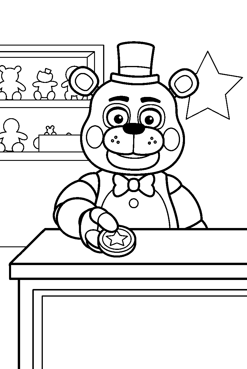 toy freddy handing a prize token across the arcade counter line art