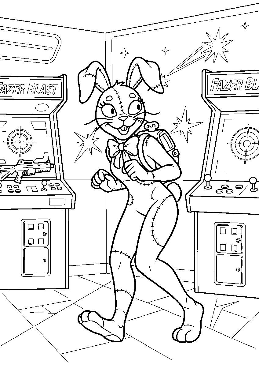 vanny tiptoeing past game cabinets inside the fazer blast arcade line art