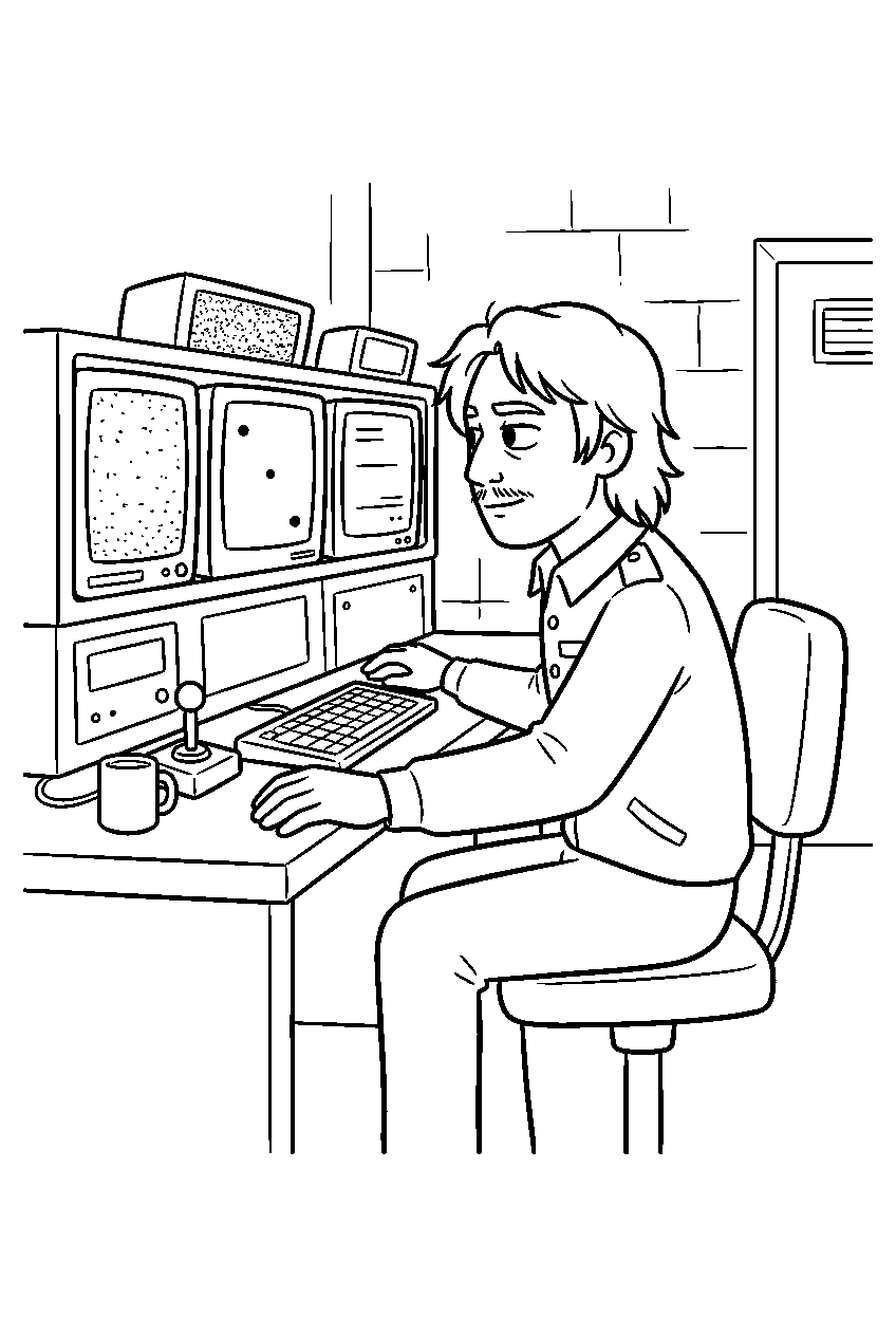 william afton checking monitors inside the pizzeria security office line art
