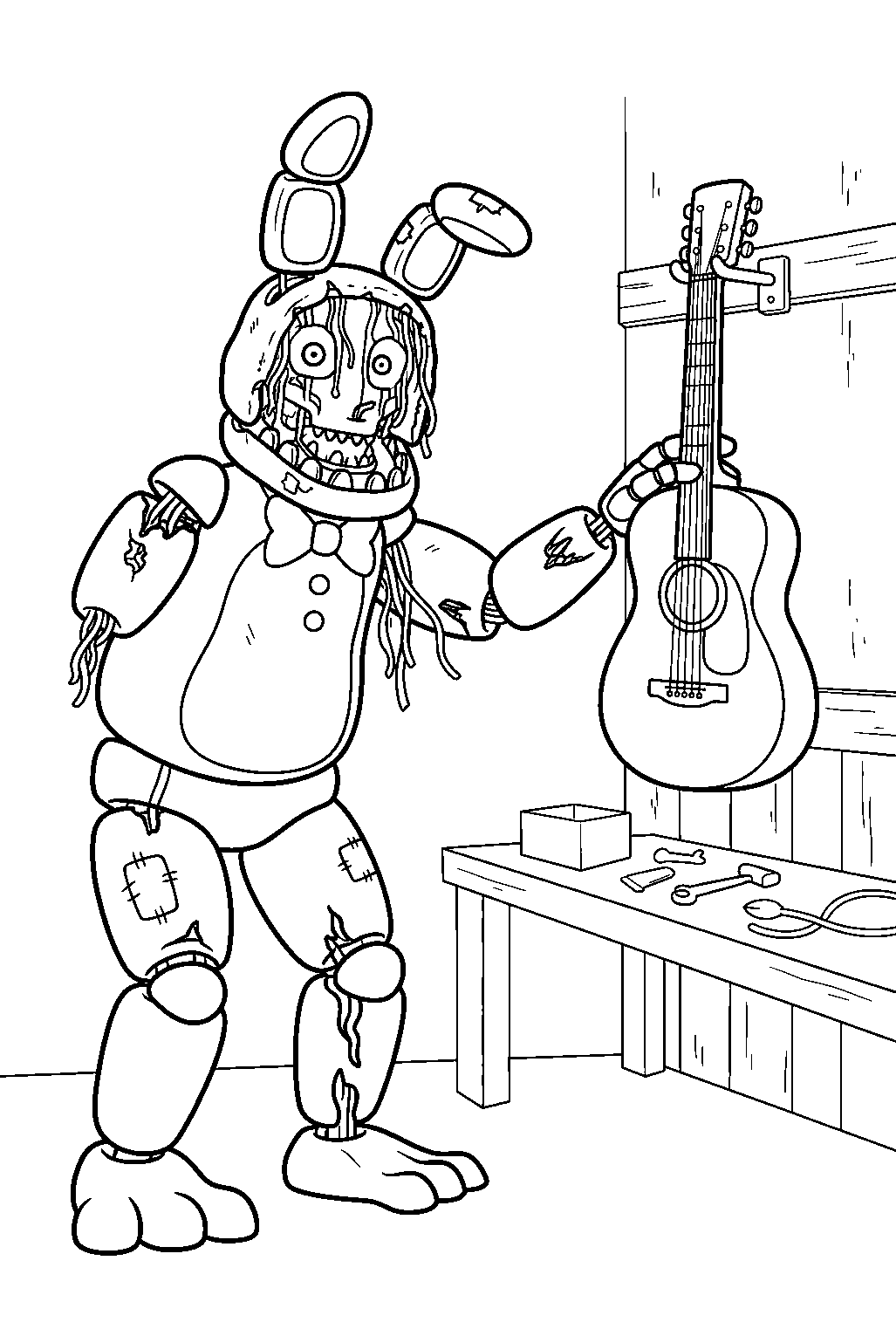 withered bonnie reaching for a spare guitar in parts and service line art