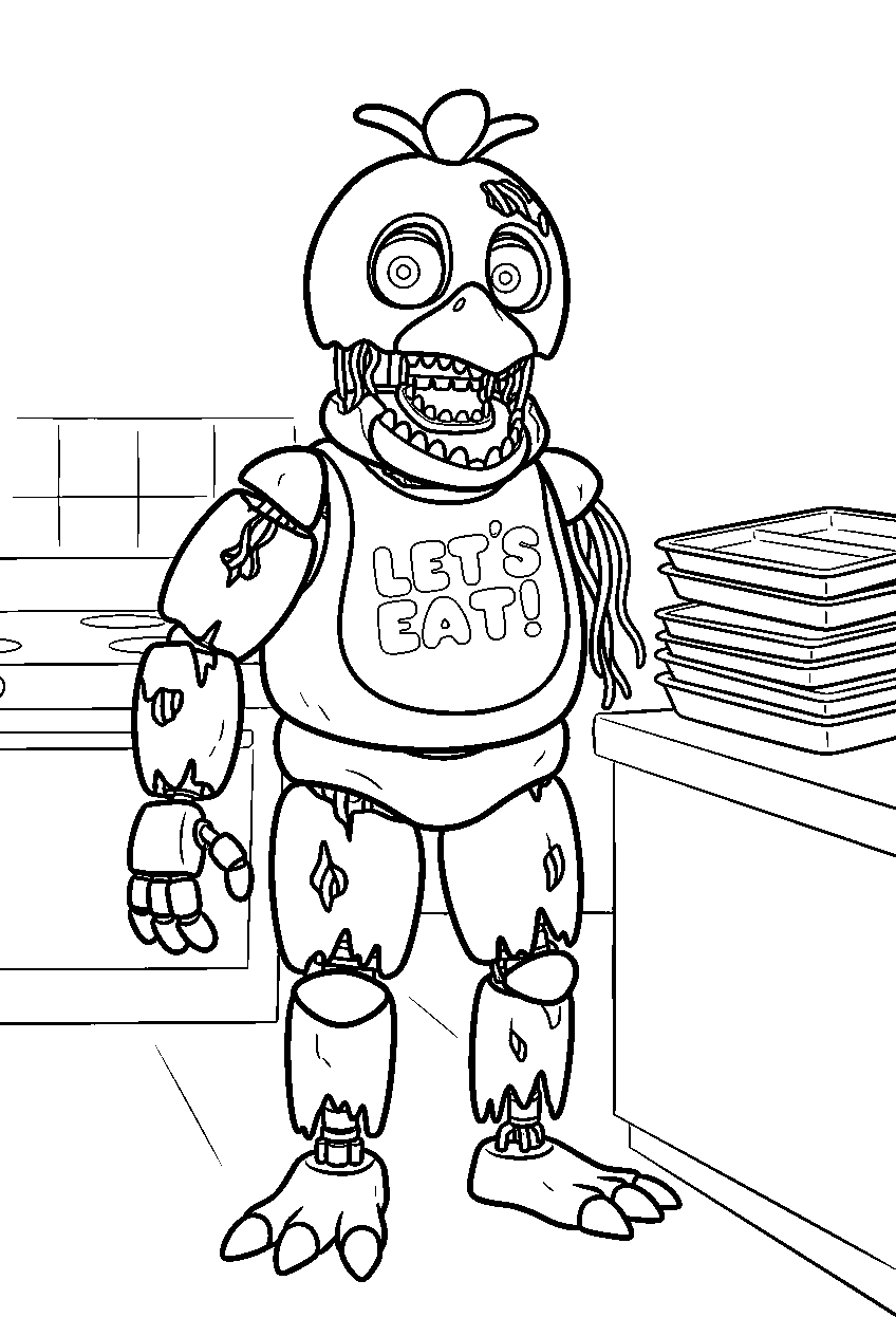 withered chica standing beside stacked trays in the pizzeria kitchen line art